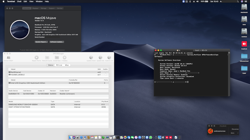 Success Hackintosh macOS Mojave 10.14 Build 18A391 at ASUS ROG G501VW-FY173T